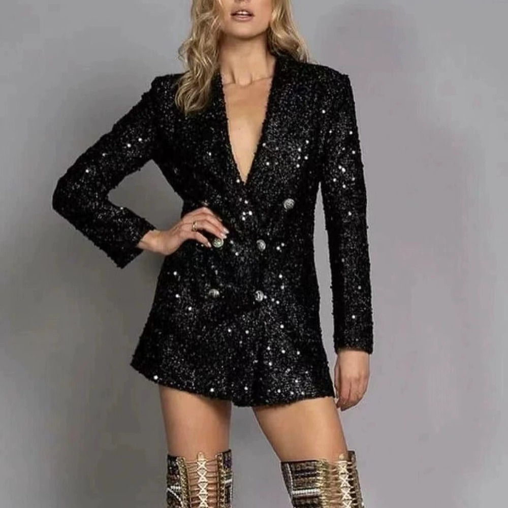 ZARA Glamorous Womens Black Sequin Double Breasted Long Blazer